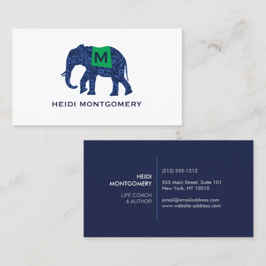 Blauwe Patroon Olifant met Monogram Visitekaartje (Voorkant / Achterkant)