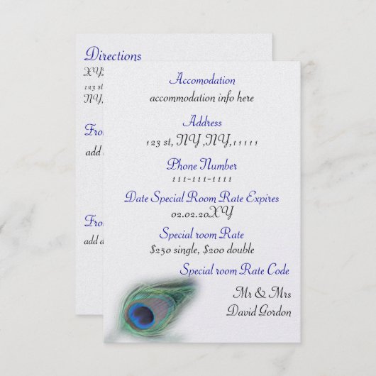 blauwe pauw 3,5 x 5 accomodatie informatiekaartje (Voorkant / Achterkant)