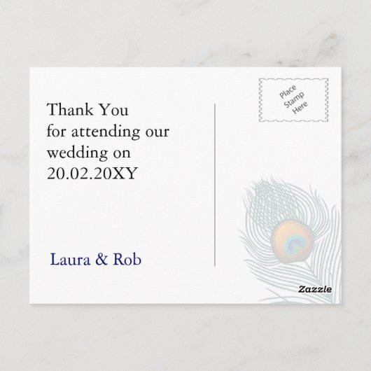 blauwe pauw bruiloft Dank u Briefkaart (Achterkant)