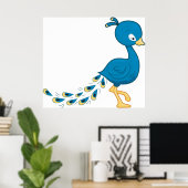 Blauwe Pauw Cartoon Vogel Poster (Thuiskantoor)