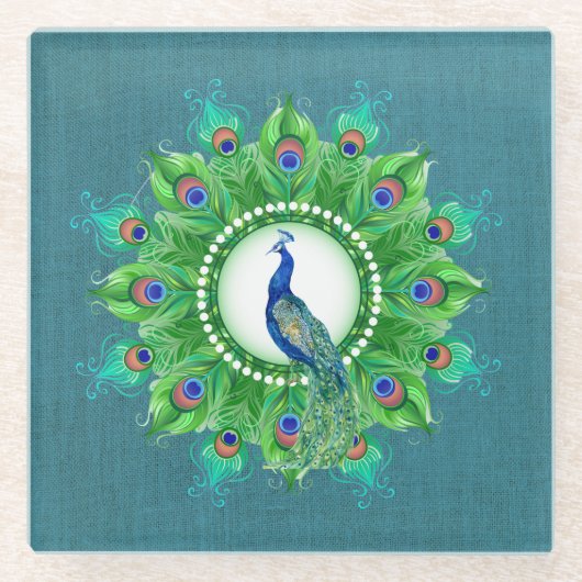 Blauwe Pauw Glazen Onderzetter (Voorkant)