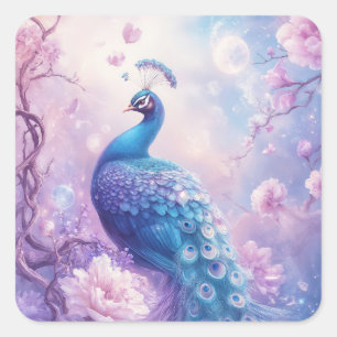 Blauwe Pauw in Magische Lavendel Maanschijn Tuin Vierkante Sticker