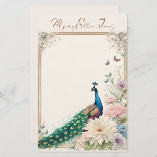 Blauwe pauw in Pastel Bloemtuin Briefpapier (Voorkant / Achterkant)