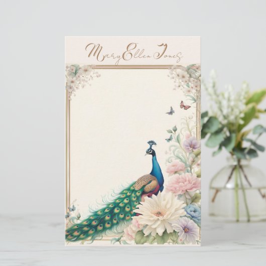 Blauwe pauw in Pastel Bloemtuin Briefpapier (Staand voorkant)
