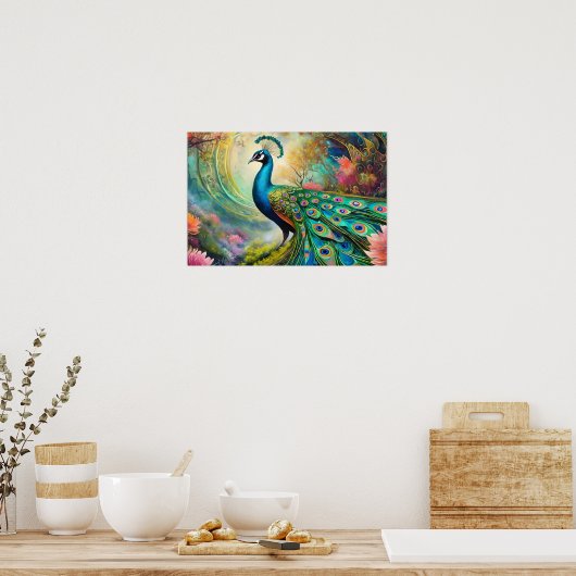 Blauwe  pauw in tropisch landschap poster (Keuken)