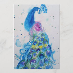 Blauwe Pauw Kunst Aquarel Verjaardagsuitnodiging Kaart
