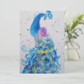 Blauwe Pauw Kunst Watercolour Verjaardagsuitnodigi Kaart (Staand voorkant)