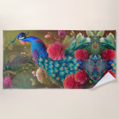 Blauwe Pauw, Roze Rozentuin  Strandlaken (Voorkant)