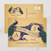 Blauwe Pauw Vintage Trouw Uitnodigingskaart Uitnodiging Briefkaart (Voorkant / Achterkant)