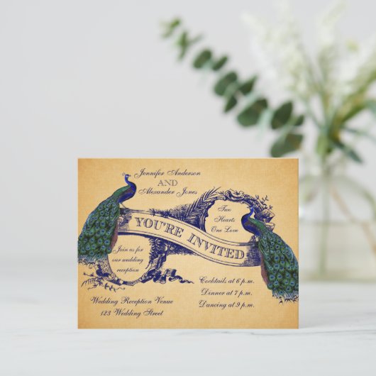 Blauwe Pauw Vintage Trouwontvangst Uitnodiging (Staand voorkant)