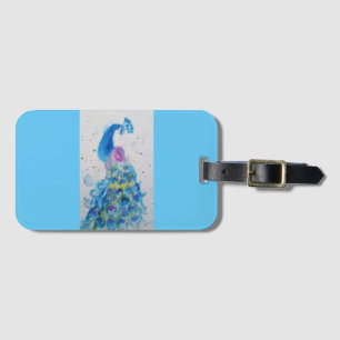 Blauwe Pauw Vogel Waterverf Bagage Label