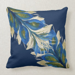 Blauwe Pauwbladeren Aquarel Handgeschilderd Marine Kussen