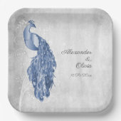 Blauwe Peacock Bruiloft Douche Papier Borden Papieren Bordje (Voorkant)