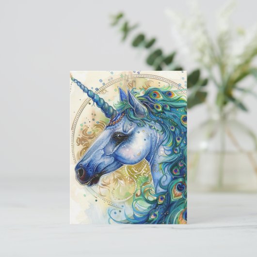 Blauwe Peacock Eenhoorn Briefkaart (Staand voorkant)