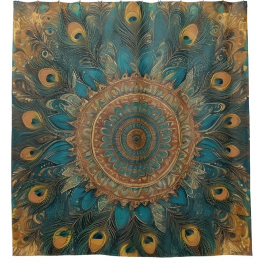 Blauwe Peacock stijl Boho douchegordijn (Voorkant)