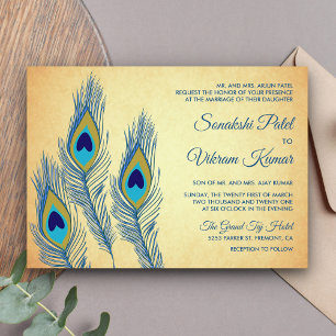  Blauwe Peacock Veren Indiase bruiloft Kaart