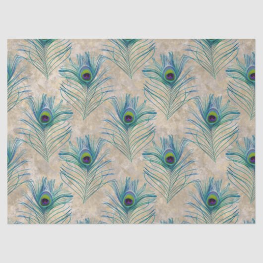 Blauwe peacock-veren op lichtbruine ontkoppeling tissuepapier (Voorkant)