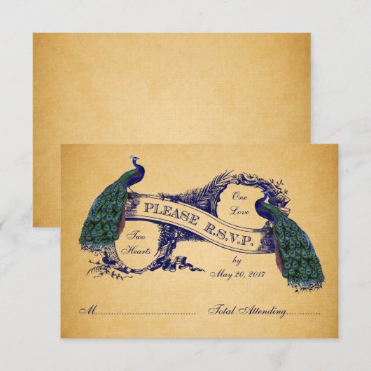 Blauwe Peacocks Vintage bruiloft RSVP KAART (Voorkant / Achterkant)