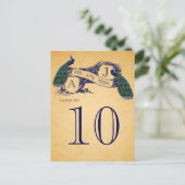 Blauwe Peacocks Vintage Trouwtafel nummer Briefkaart (Staand voorkant)