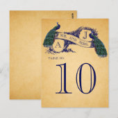 Blauwe Peacocks Vintage Trouwtafel nummer Briefkaart (Voorkant / Achterkant)