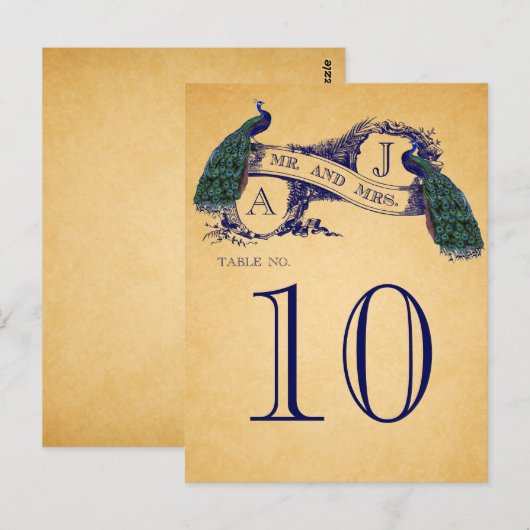 Blauwe Peacocks Vintage Trouwtafel nummer Briefkaart (Voorkant / Achterkant)
