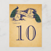 Blauwe Peacocks Vintage Trouwtafel nummer Briefkaart (Voorkant)