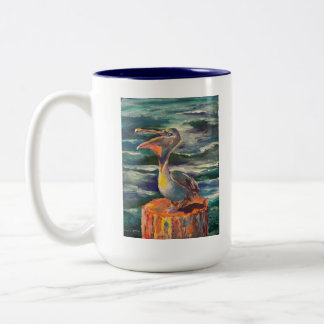 Blauwe Pelican Gallery mok, kleurrijk en pittig! Tweekleurige Koffiemok