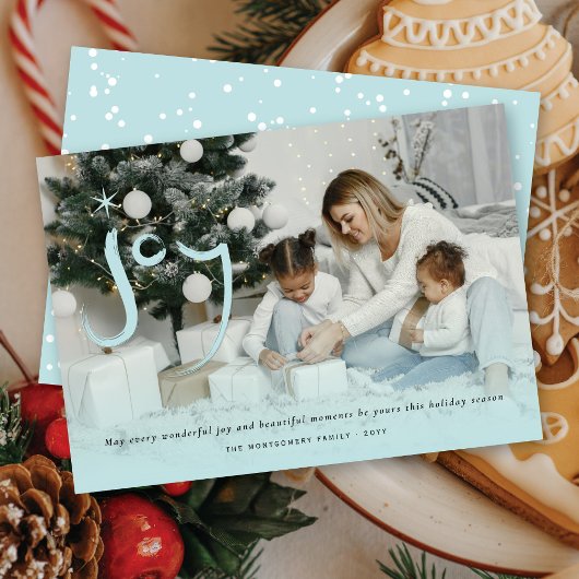 Blauwe penseelfoto met joy-kalligrafie kerstfoto feestdagenkaart