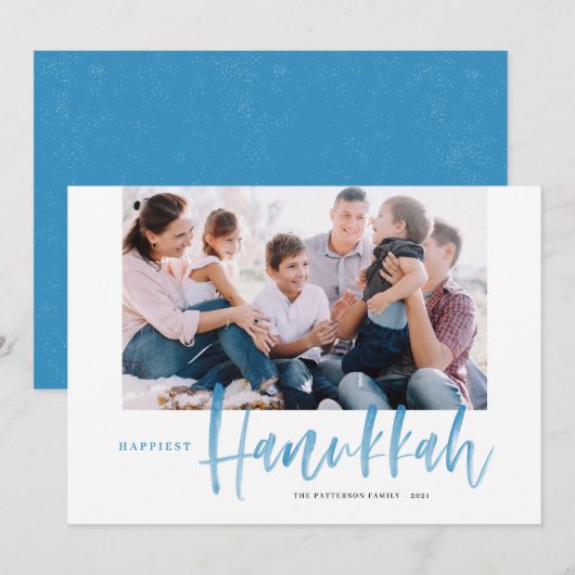 Blauwe penseelkalligrafie gelukkigste hanukkafoto feestdagenkaart (Voorkant / Achterkant)