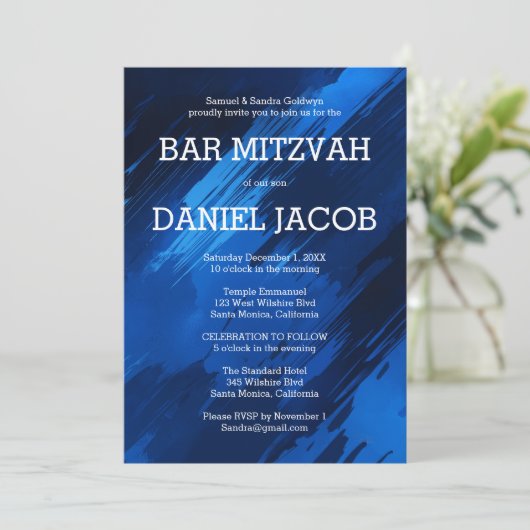 Blauwe penseelstreken Custom BAR BAT MITZVAH Kaart (Staand voorkant)