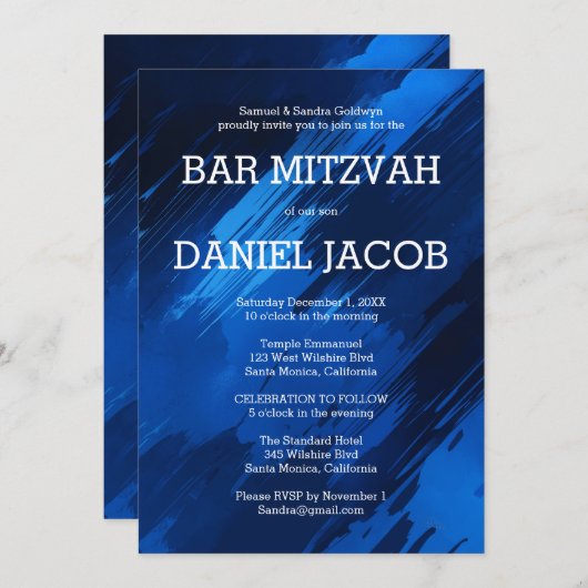 Blauwe penseelstreken Custom BAR BAT MITZVAH Kaart (Voorkant / Achterkant)