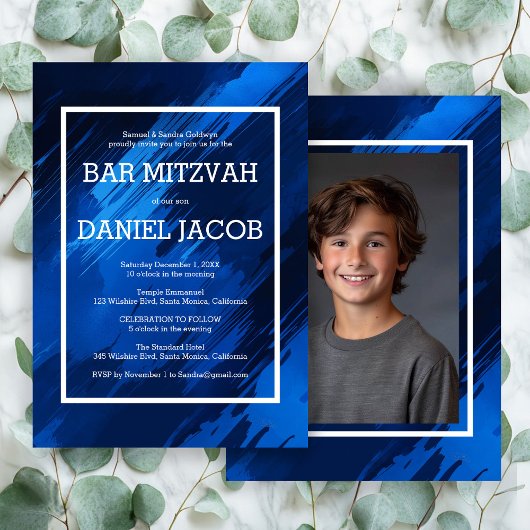 Blauwe penseelstreken Custom Photo BAR BAT MITZVAH Kaart