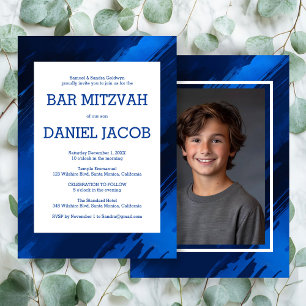 Blauwe penseelstreken Custom Photo BAR BAT MITZVAH Kaart