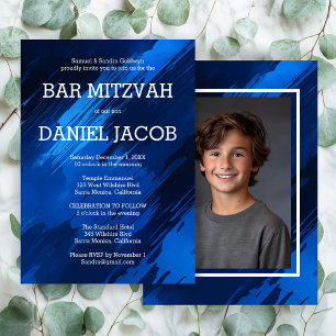 Blauwe penseelstreken Custom Photo BAR BAT MITZVAH Kaart