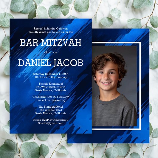 Blauwe penseelstreken Custom Photo BAR BAT MITZVAH Kaart