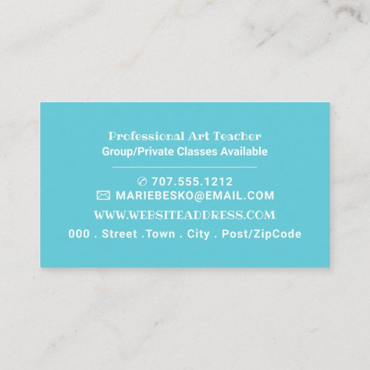 Blauwe penseelstreken, professionele kunstleraar visitekaartje (Achterkant)