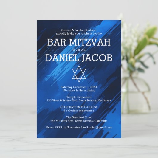 Blauwe penseelstreken Star Custom BAR BAT MITZVAH Kaart (Staand voorkant)
