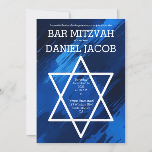 Blauwe penseelstreken Star QR Custom BAR BAT MITZV Kaart (Voorkant)
