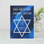 Blauwe penseelstreken Star QR Custom BAR BAT MITZV Kaart (Staand voorkant)