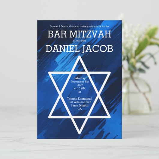 Blauwe penseelstreken Star QR Custom BAR BAT MITZV Kaart (Staand voorkant)