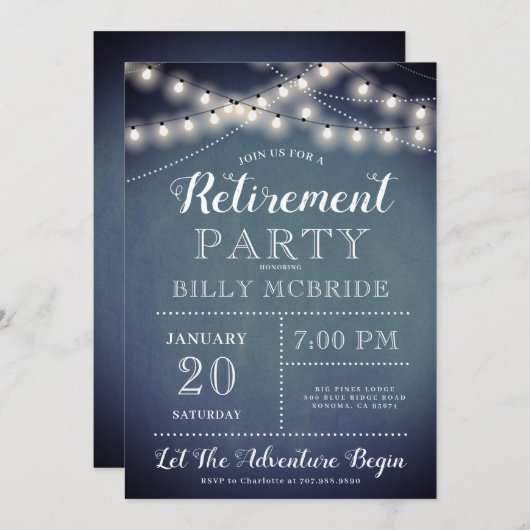 Blauwe Pensioenpartij String Lights uitnodiging (Voorkant / Achterkant)