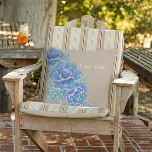 BLAUWE PEONIES EN DAMASK ~ Pillow Buitenkussen (Stoel)