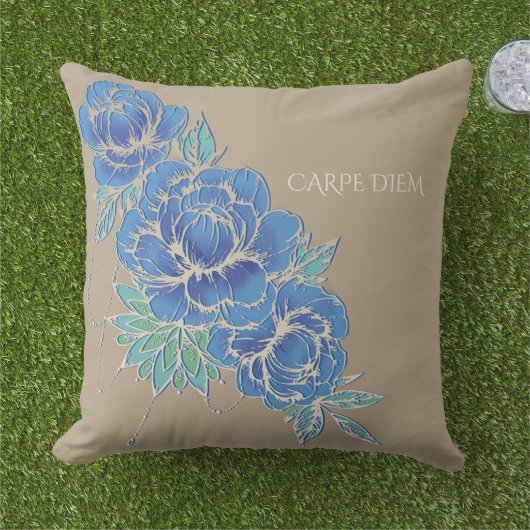 BLAUWE PEONIES EN DAMASK ~ Pillow Buitenkussen (Gras)