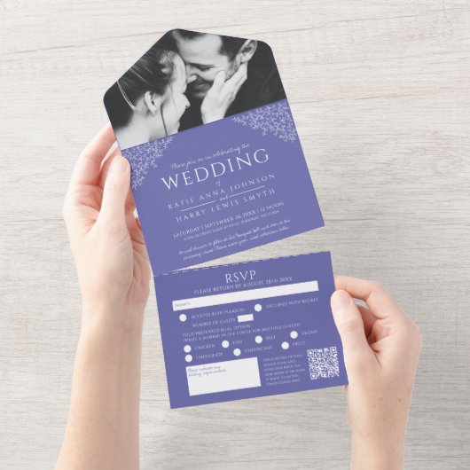 Blauwe peri witte bladeren fotomaaltijd RSVP QR br All In One Uitnodiging (Afscheurbaar)