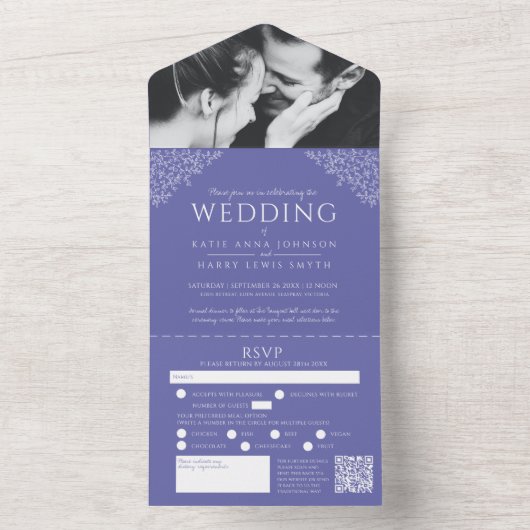 Blauwe peri witte bladeren fotomaaltijd RSVP QR br All In One Uitnodiging (Binnen)