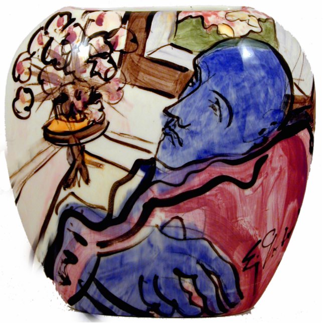 Blauwe persoon in kleine ruimte staand fotobeeldje  (Voorkant)