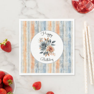 Blauwe Perzik Crème Strepen Bloemen Verjaardag Servet