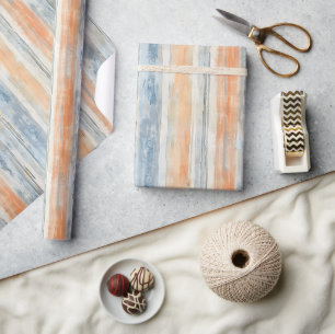 Blauwe Perzik Crème Strepen Verjaardag Cadeaupapier