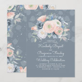 Blauwe perzik en roze bloem elegante bruiloft kaart (Voorkant / Achterkant)