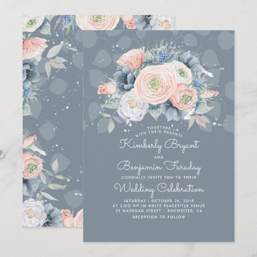 Blauwe perzik en roze bloem elegante bruiloft kaart (Voorkant / Achterkant)